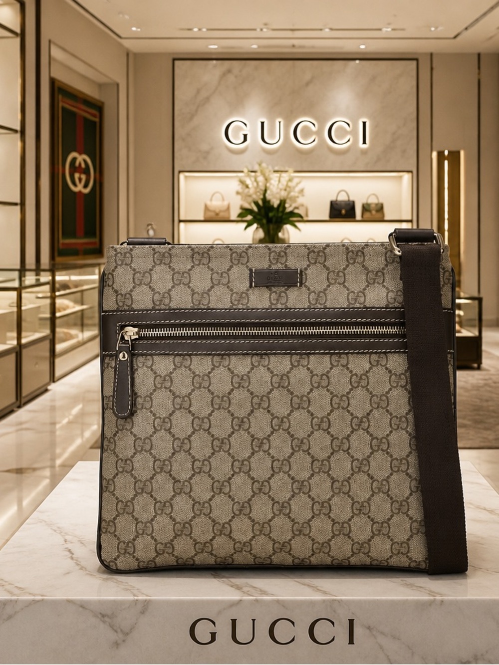 GUCCI Original GG Supreme Canvas Zip Pocket Flat Messenger EUC